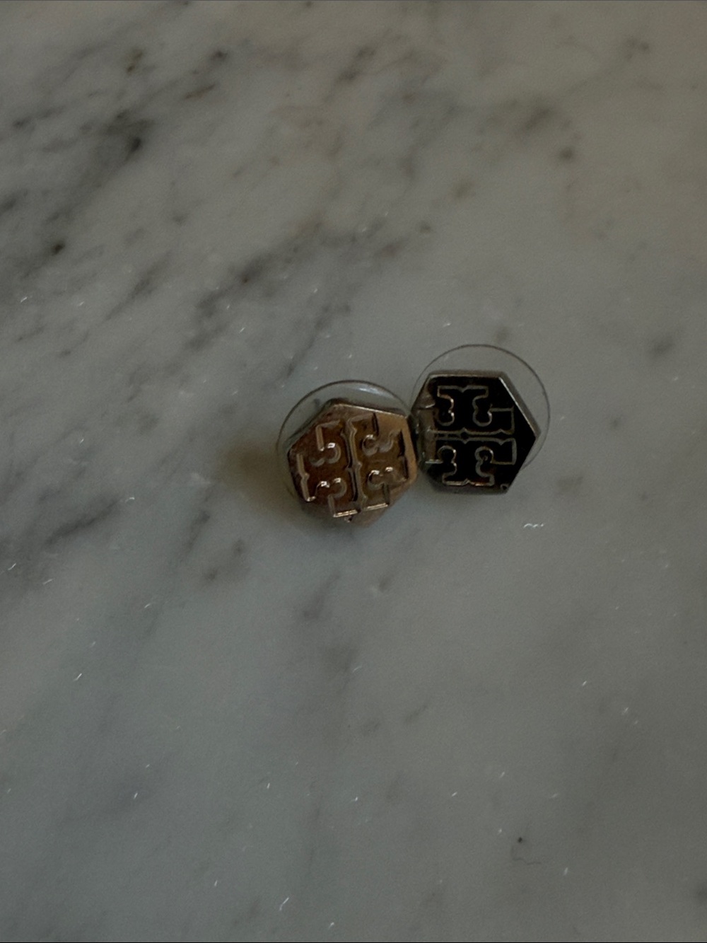 Tory Burch Octagon Logo earrings in silver